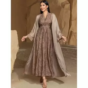 Новый Ближний Восток Дубай Элегантный Кардиган с длинным рукавом Халат V-образный вырез Внутренняя юбка Комплект из двух предметов Платье и Халат Brown milk tea S