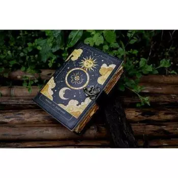 Новый блокнот из кожи ручной работы «Солнце и Луна» с бумагой с неровным краем, пустой журнал теней для заклинаний, подарок для него, книга для путешествий 7 x 5 in чёрный