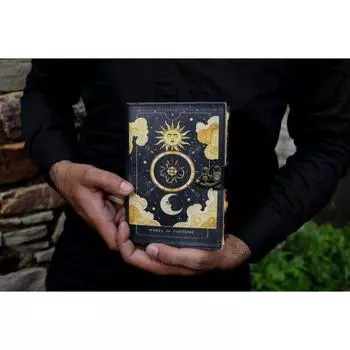 Новый блокнот из кожи ручной работы «Солнце и Луна» с бумагой с неровным краем, пустой журнал теней для заклинаний, подарок для него, книга для путешествий 7 x 5 in чёрный