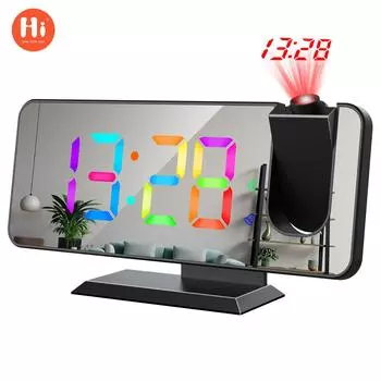 Новый большой экран зеркальный двойной будильник RGB красочные постепенно меняющиеся проекционные часы, электронные часы чёрный