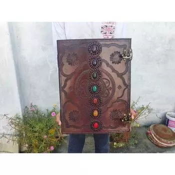 Новый большой кожаный журнал из семи камней, Книга теней, журнал, свадебная гостевая книга, кожаный гримуар, дорожный блокнот, подарок для него и ее Подарки 13 x 10 in коричневый