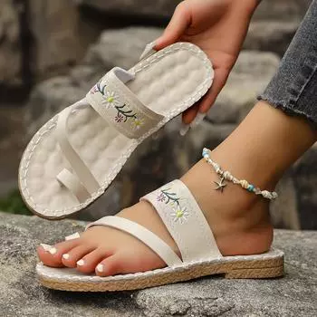 Новый большой модный комплект с вышитым одним словом, универсальные плоские тапочки, сандалии в этническом стиле 36 белый