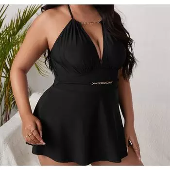 Новый большой размер, утолщенный и увеличенный цельный купальник, однотонный, юбка со сборками, свободный пляжный купальник 0XL чёрный