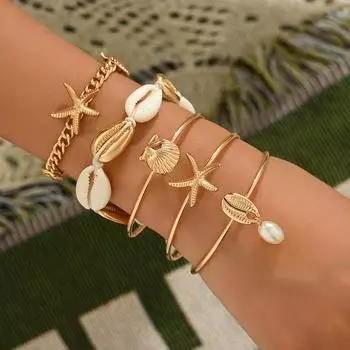 Новый браслет для женщин «Океанский ветер», универсальный, с инкрустацией ракушками, дизайн «Морская звезда», комбинированный браслет, украшение для пляжной вечеринки