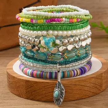 Новый Браслет из Деревянных Бусин на Эластичной Леске Женский Браслет Браслет темно-зеленого