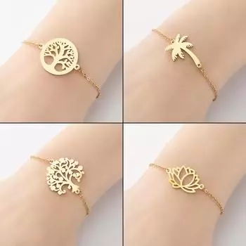 Новый браслет из нержавеющей стали с подвеской в виде кокосовой пальмы и дерева жизни, модный маленький свежий браслет с цветком лотоса