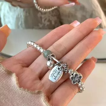 Новый браслет из стерлингового серебра 925 пробы с шариком удачи и цветком нефрита в геометрическом стиле для женщин и девушек, модные ювелирные изделия в подарок