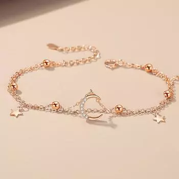 Новый браслет из стерлингового серебра S925, модный браслет с луной для женщин, простой двухслойный браслет со звездой Adjustable size