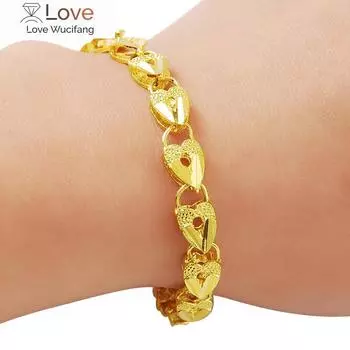 Новый браслет из золота 24 карат, 4 мм, позолоченный браслет в форме сердца с цветком автомобиля для женщины, ювелирный подарок