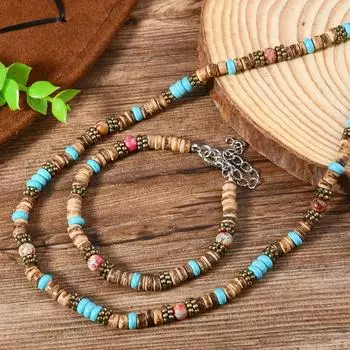 Новый браслет-ожерелье из бусин из бирюзы и кокосовой скорлупы на эластичной леске для мужчин