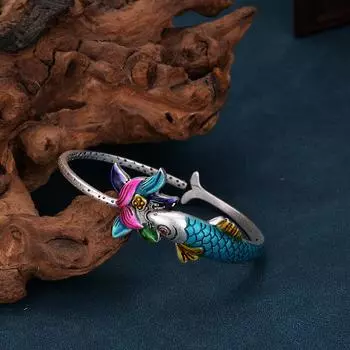 Новый браслет с эмалью в стиле ретро для женщин, Cloisonn Open Fish Play, серебряный браслет с каплей цветка лотоса, подарок на день рождения Adjustable size