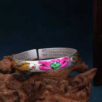 Новый браслет с рыбой лотоса, тушеный синий, винтажный, с эмалью, серебряный браслет, женский браслет с перегородчатой цветкой лотоса, двойной браслет в форме рыбьего сердца, подарок на день рождения Adjustable size