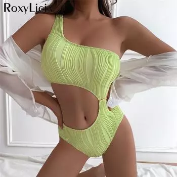 Новый цельный купальник с асимметричным вырезом и морщинами, женский купальник с подкладкой на одно плечо, купальный костюм, купальный костюм для женщин S чёрный