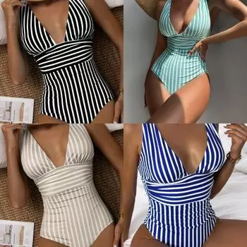 Новый цельный купальникVCollar Open Back Swimsuit Sweet Stripes S чёрный