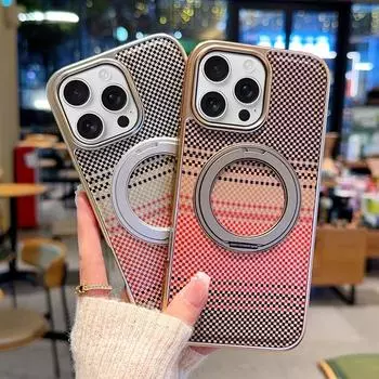 Новый чехол для iPhone 16 Pro Max 15 14 Plus с магнитным чехлом и вращающимся на 360 градусов металлическим алюминиевым кольцом в модной теме заката iPhone 15 серебряный