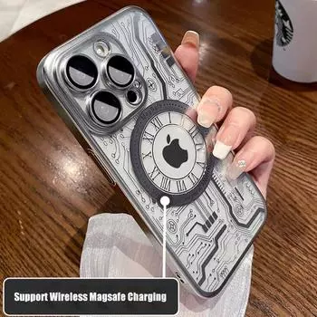 Новый чехол Magsafe с рисунком цепи для iPhone 11 Pro Max 12 13 14 Pro Max 14 Plus, роскошная защита объектива с покрытием, мягкий силиконовый чехол For iPhone 13 чёрный