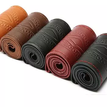 Новый чехол на руль автомобиля из натуральной кожи с игольчатыми нитками, противоскользящий, 38 см, оплетка из коровьей кожи, чехол на руль автомобиля коричневый