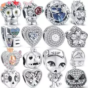 Новый Череп с цветами Розовый Паве Прозрачный Циркон Блестящие Бусины Подходит Подвески Браслеты Женщины Серебро 925 Изысканные Ювелирные Изделия