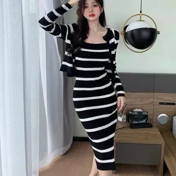 Новый черный, белый полосатый комплект из двух предметов, вязаный свитер, платье на бретельках + короткий кардиган, куртка, пальто, модный костюм, женский осенний костюм One Size черный белый