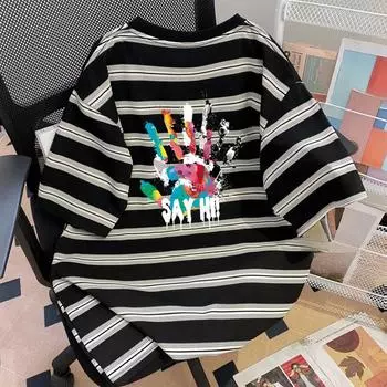 Новый черный полосатый топ с короткими рукавами и принтом для женщин больших размеров M чёрный