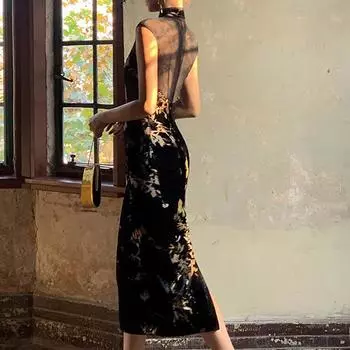 Новый чонсам в китайском стиле, платье с цветочным принтом в китайском стиле, осенне-зимняя элитная сексуальная бархатная юбка в стиле ретро с запахом XS