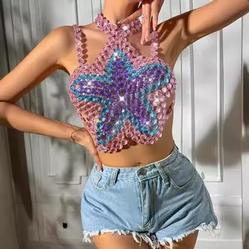 Новый цветной топ с вышивкой из драгоценных камней, открытая спина XS разноцветный
