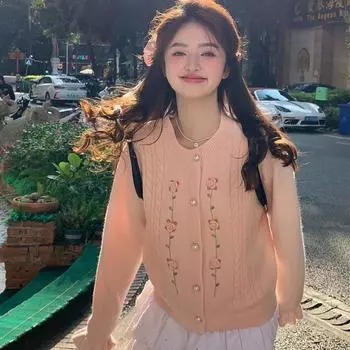 Новый цветочный кардиган с расклешенными рукавами, свободный свитер, уменьшающий возраст, женская трикотажная куртка на весну и осень