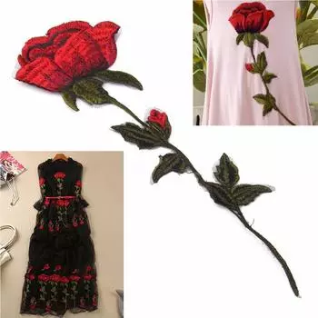 Новый цветок красной розы, пришитый к вышивке, значок, сумка, джинсовое платье, аппликация, ремесло