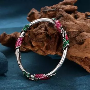 Новый цветок выжженного синего цвета, винтажный браслет с эмалью, женский перегородчатый браслет с краем лотоса, серебряный браслет с листьями в качестве подарка на день рождения для мамы Adjustable size