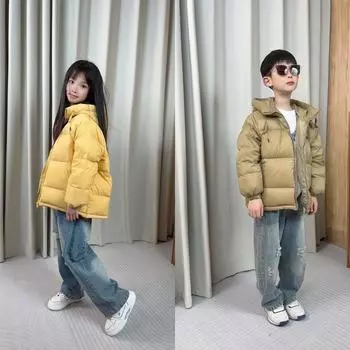 Новый детский пуховик для мальчиков и девочек, повседневная короткая куртка на белом утином пуху с капюшоном, детская одежда 100cm чёрный