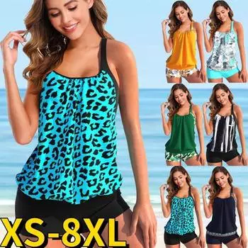 Новый дизайн, бикини с принтом, сексуальные женские купальники-танкини с высокой талией, монокини, женский летний комплект из двух предметов, купальный костюм S темно-синий