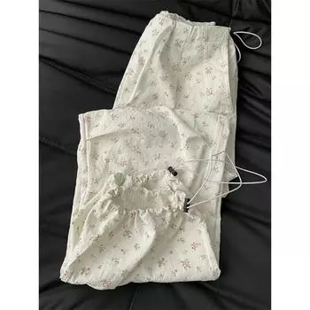 Новый дизайн, брюки-карго с высокой талией и цветочным принтом, бежевые повседневные свободные широкие брюки с эластичной резинкой на талии, лето 2024, женские повседневные милые S белый