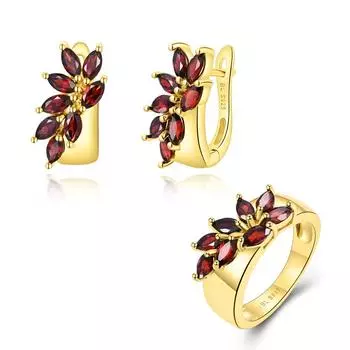Новый дизайн Комплект ювелирных изделий с натуральным красным гранатом, кольцом, серьгами, серебро 925 пробы, позолота 18 карат, изысканные украшения для женщин us ring size 6# красный