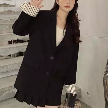 Новый дизайн, маленький повседневный костюм, черный, с разрезом сзади, в полоску, пиджак для женщин S чёрный