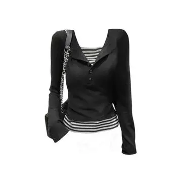 Новый дизайн, модные футболки, женские футболки с квадратным воротником, искусственные двойки, полосатый топ с длинным рукавом, тонкие повседневные футболки в американском стиле ретро Y2K Size S(40-45Kg) чёрный