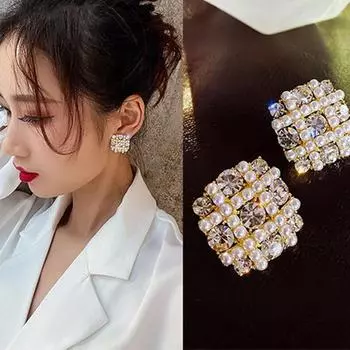Новый дизайн, модные квадратные серьги-гвоздики золотого цвета, роскошные элегантные серьги со стразами, свадебные серьги для женщин