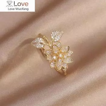 Новый дизайн модные ювелирные изделия 14K настоящее позолоченное изысканное листовидное кольцо с цветком циркония элегантное женское повседневное открывающееся регулируемое кольцо Resizable белый