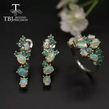 Новый дизайн, модный комплект украшений с опалом и изумрудом, натуральный драгоценный камень, кольцо из стерлингового серебра 925 пробы, серьги с застежкой для женщин, хороший подарок Us ring size 6# зелёный/белый
