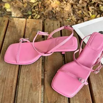 Новый дизайн, сандалии-гладиаторы с пряжкой сзади и ремешком для женщин, летние уличные туфли-гладиаторы с открытым носком на низком тонком каблуке 37 розовый