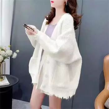 Новый дизайн, утолщенный свитер с ломаным краем, куртка женская осенне-зимняя, свободный, ленивый, универсальный кардиган-топ One size розовый