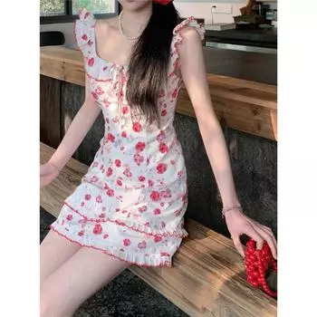 Новый дизайн, уютное платье для выпускного вечера, милое платье с летающими рукавами и цветочным принтом, повседневное элегантное красное платье феи, праздничная пляжная одежда, романтическая S розовый