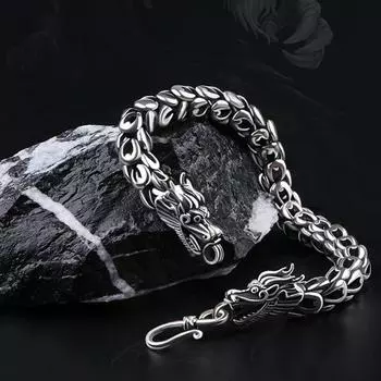 Новый дизайн, винтажный креативный браслет серебряного цвета с головой дракона, толстая пара, тренд, властный мужской ювелирный аксессуар 18CM