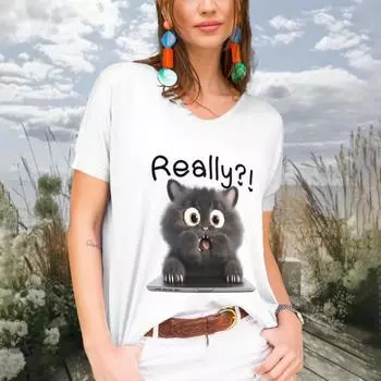 Новый дизайн, женские футболки с милым мультяшным принтом черного кота, топ больших размеров с v-образным вырезом, летняя женская рубашка, женская одежда, повседневная одежда 2024 S