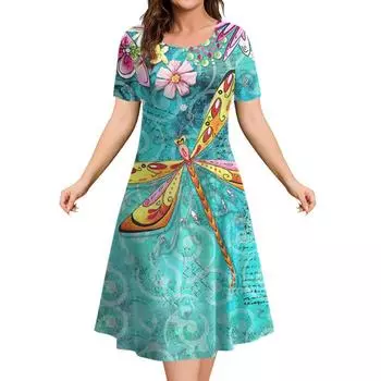 Новый дизайн женского платья с принтом стрекозы, длинная юбка больших размеров, женское элегантное платье, женская одежда S