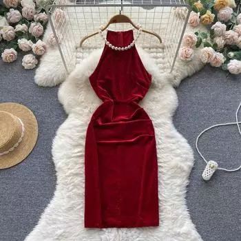 Новый дизайн знаменитостей, модное платье с жемчугом и висячим вырезом, сексуальное платье с разрезом, тонкий пакет, модное платье для горячей девушки