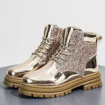 Новый дизайн, золотистые женские блестящие сапоги, модные сапоги из искусственной кожи для женщин, ботинки на платформе со шнуровкой, женские ботильоны bota feminina 35