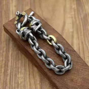 Новый дизайн золотой глаз двойной череп толстое кольцо браслет мужской ретро мужские и женские браслеты ювелирные изделия ручной работы аксессуары 18CM