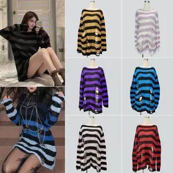 Новый длинный свитер унисекс в стиле панк, готический стиль, летний женский полосатый крутой джемпер с дырками, свободный тонкий темный уличный топ в стиле рок One Size