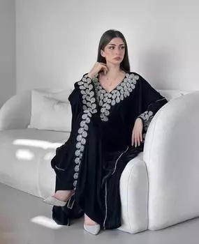 Новый Дубай, черный бархатный кафтан, марокканское стильное длинное платье Абая Фараша XS чёрный