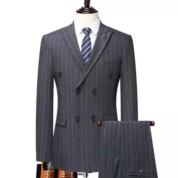Новый двубортный полосатый костюм деловой повседневный корейский вариант тонкий костюм мужской свадебный костюм шафера M серый